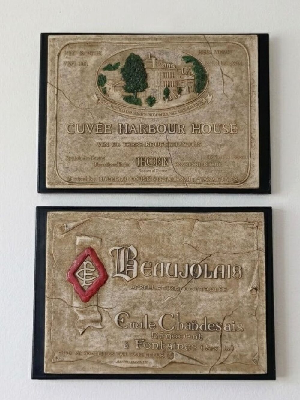 Vtg Wine Label Wall Plaques PAIR Beaujolais Cuvee Harbour House Plaster Tuscan